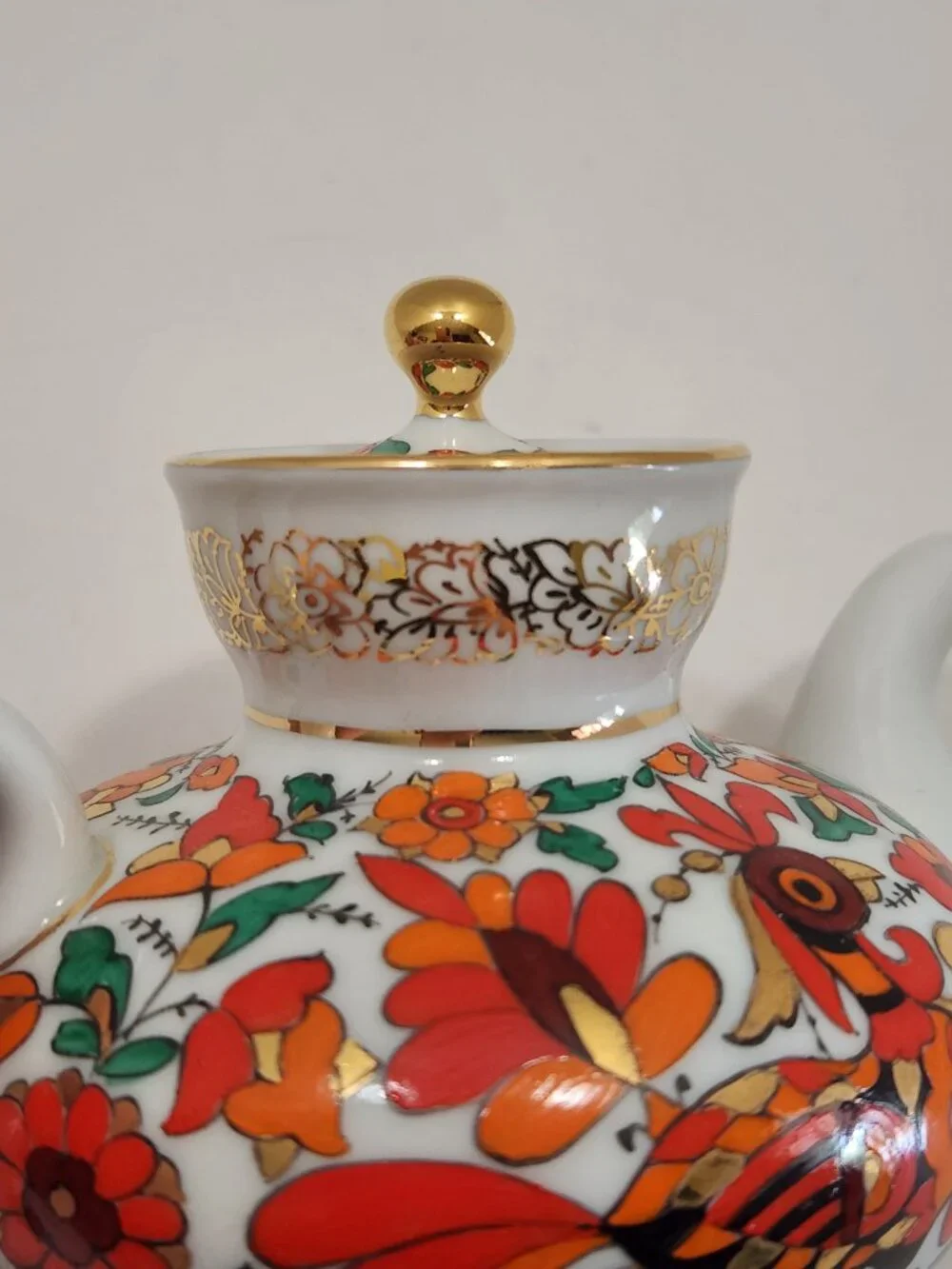 Vintage Lomonosov LFZ USSR Porcelain Red Rooster Teapot Malysh Shape Hand Painte